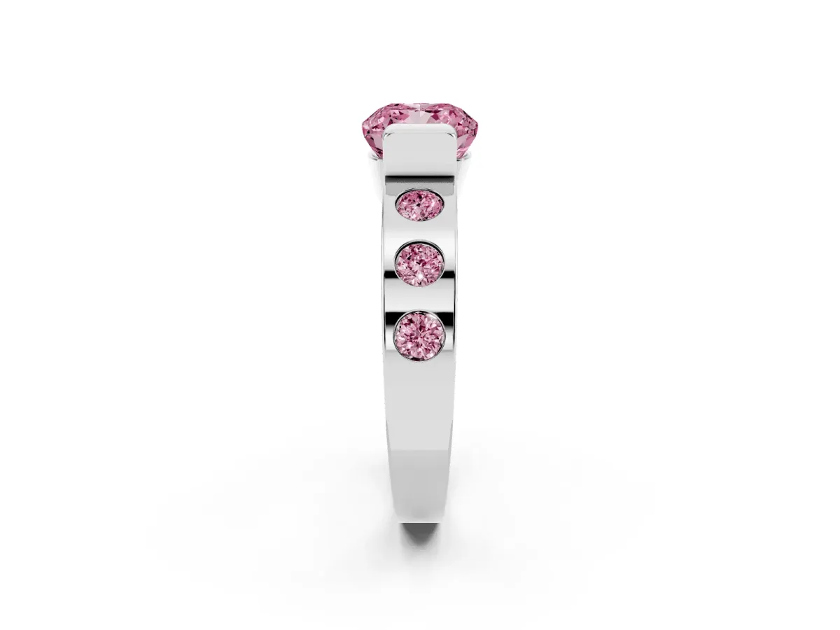 Fancy Pink Cushion Cut Brilliant Channel-Set Diamond Ring with Bezel Prong Setting Silver