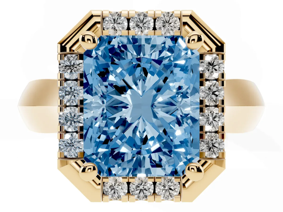 Fancy Blue Radiant Cut Cut Halo Solitaire Engagement Ring with Square Band and Four-Prong Setting Yellow gold