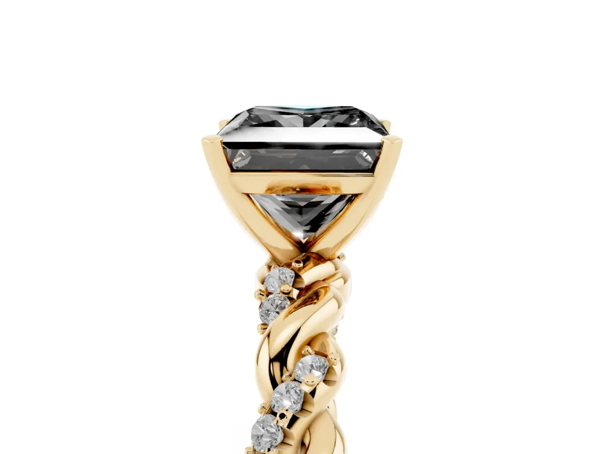 Fancy Black Princess Cut Diamond Solitaire Ring with Twisted Band and Pavé Accents Yellow gold