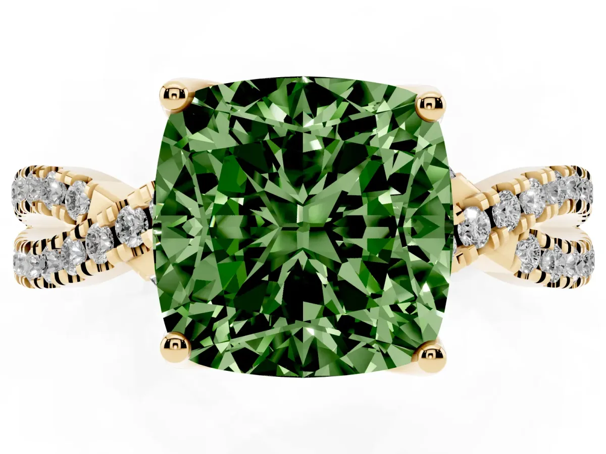 Fancy Green Cushion Cut Solitaire Twist Pave Diamond Engagement Ring with Prong Setting Yellow gold