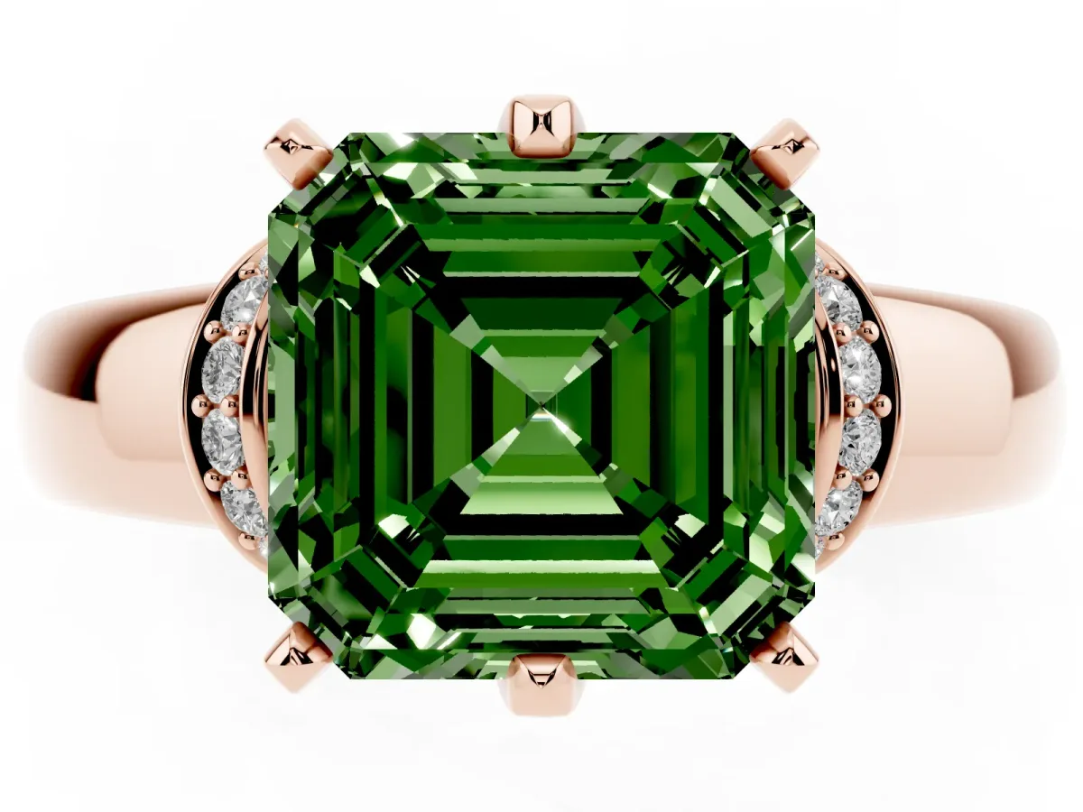 Fancy Green Asscher Cut Solitaire Diamond Ring with Pave Band and Six-Prong Setting Rose gold