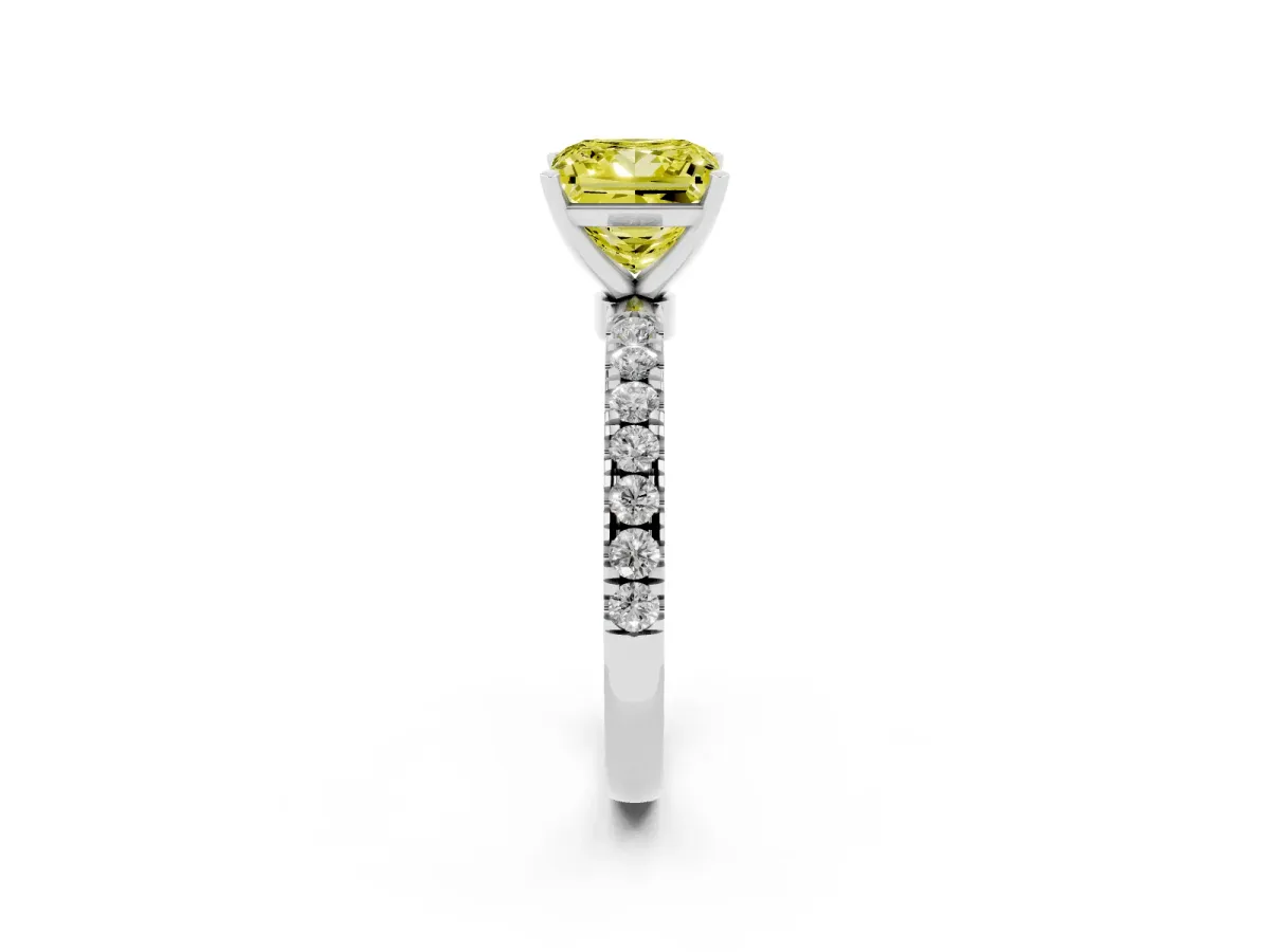 Fancy Yellow Princess Cut Diamond Solitaire Ring with Pavé Accents and Four-Prong Setting Platinum