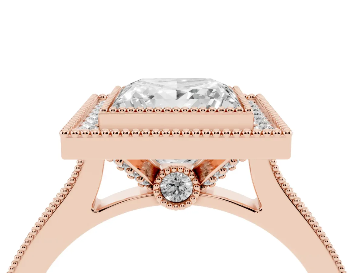 Halo Princess Cut-Cut Diamond Pave Band Milgrain Prong Setting Ring Rose gold
