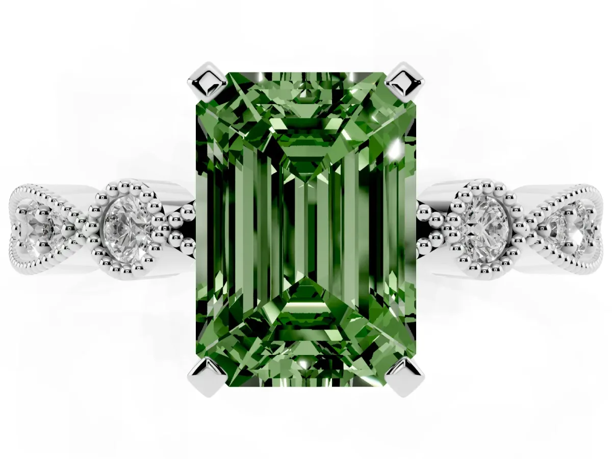Fancy Green Emerald Cut Milgrain Bezel Diamond Engagement Ring with Solitaire Prong Setting Silver