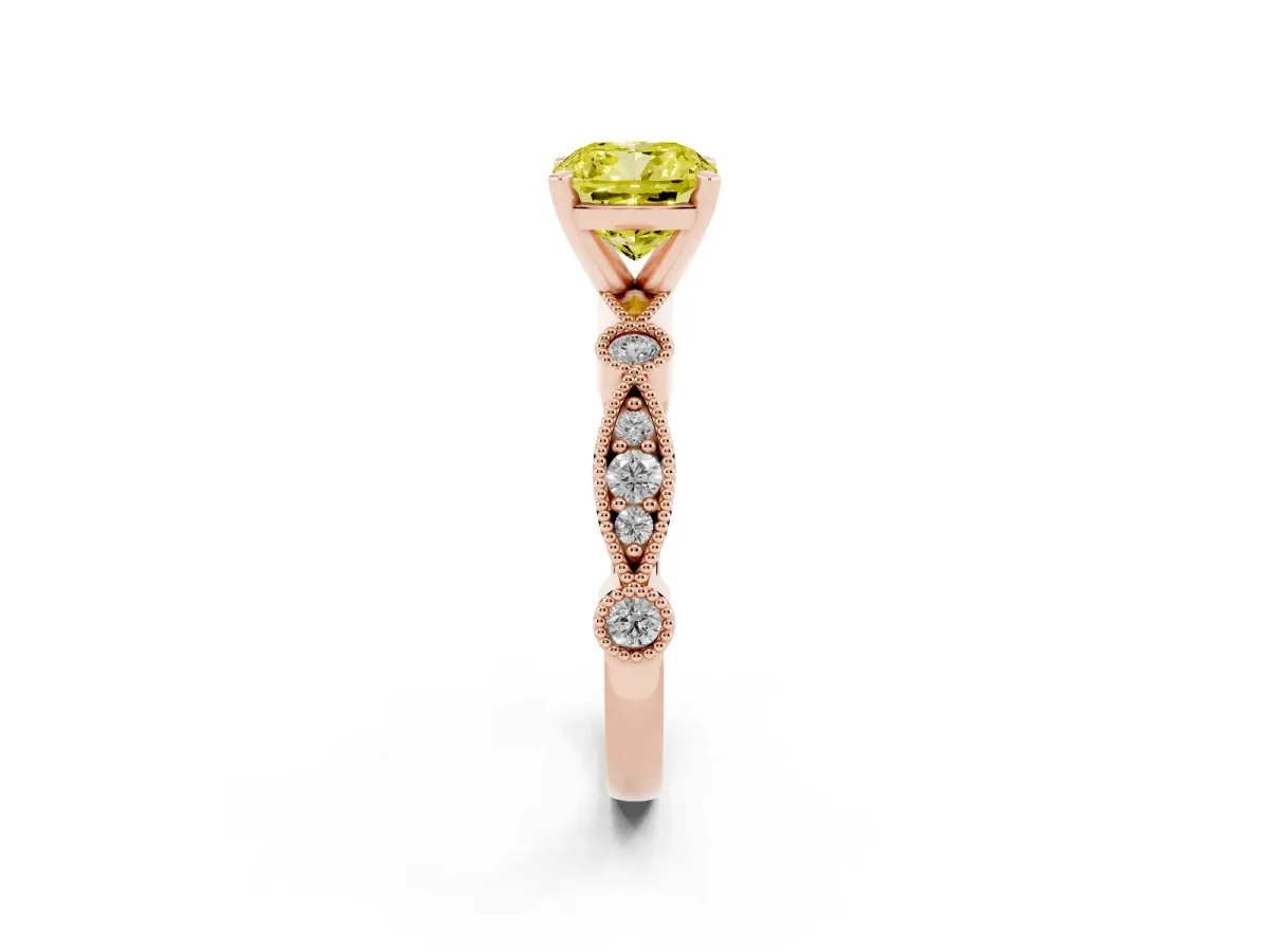 Fancy Yellow Cushion Cut Milgrain Bezel Diamond Engagement Ring with Solitaire Prong Setting Rose gold