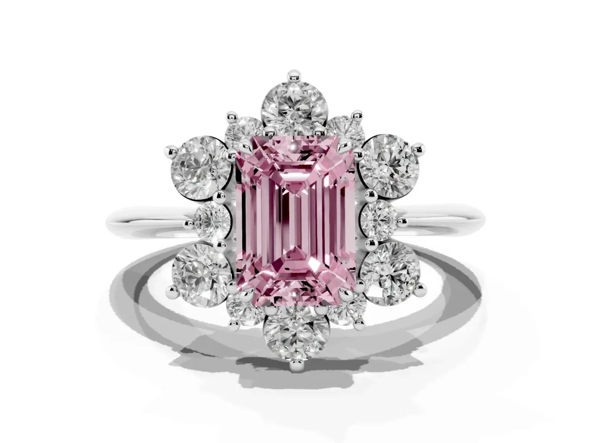 Fancy Pink Emerald Cut Diamond Cluster Halo Ring with Solitaire Band and Four-Prong Setting White gold