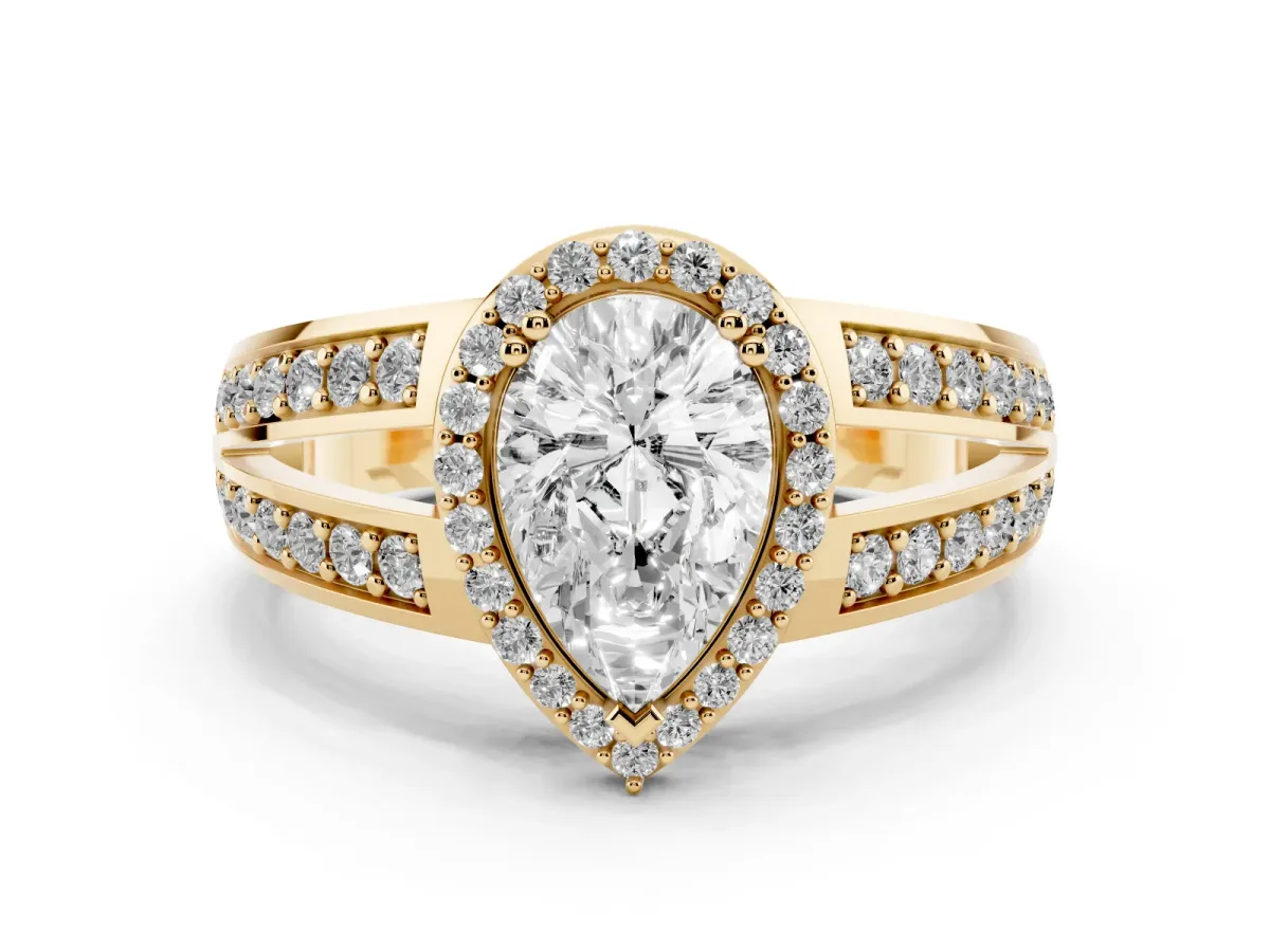 Pear Cut Diamond Halo Ring with Split Shank Pavé Band and Four-Prong Setting Yellow gold