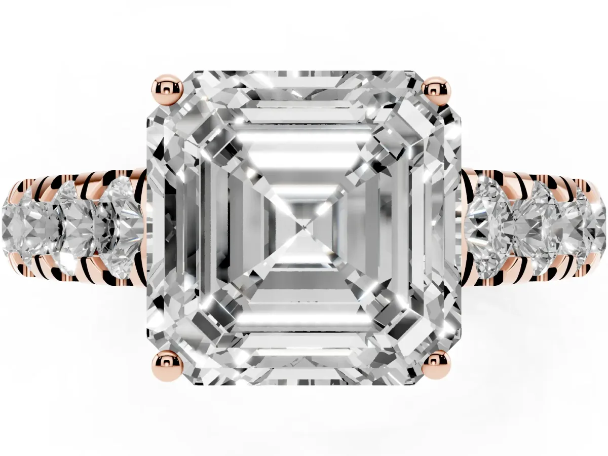 Asscher Cut Cut Diamond Solitaire Ring with Micro Pave Band and Prong Setting Rose gold