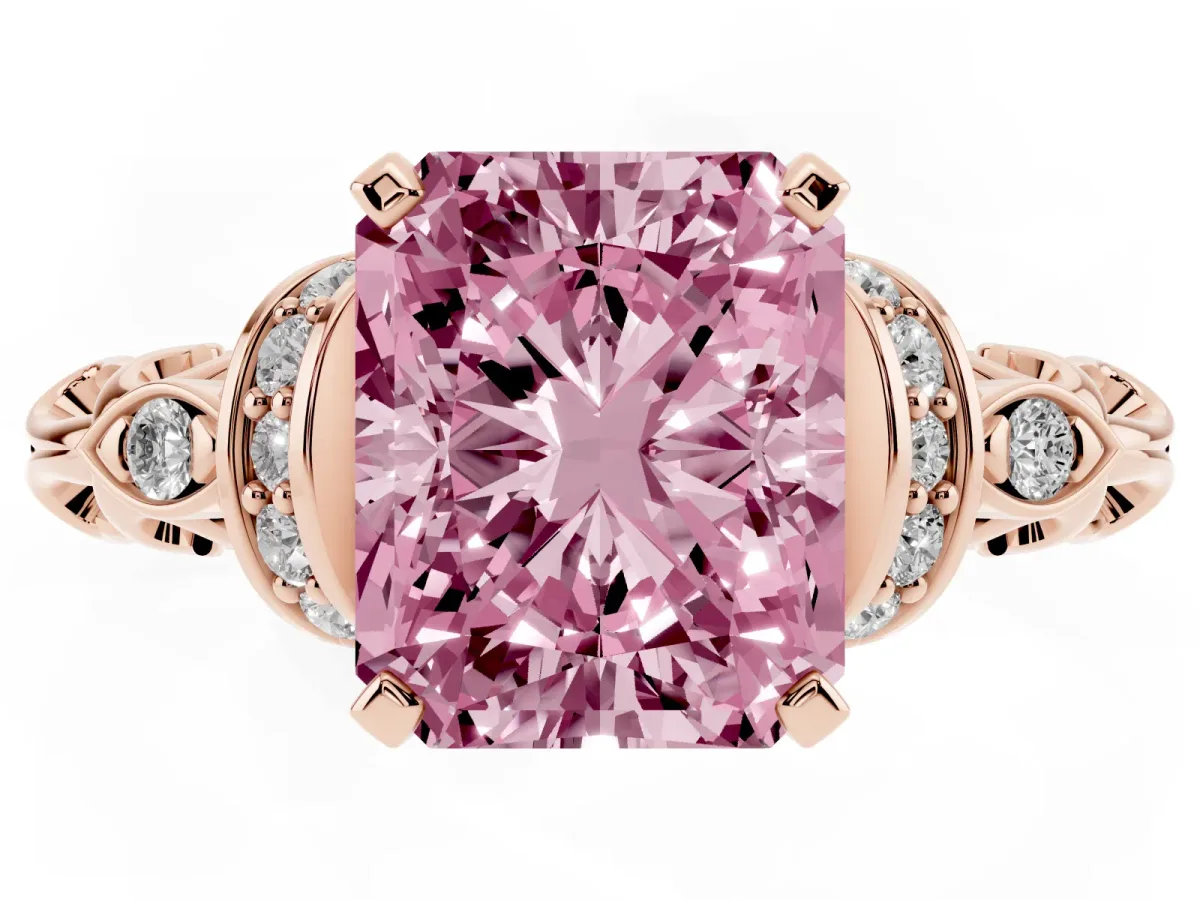 Fancy Pink Radiant Cut Diamond Solitaire Ring with Filigree Band and Four-Prong Setting Rose gold