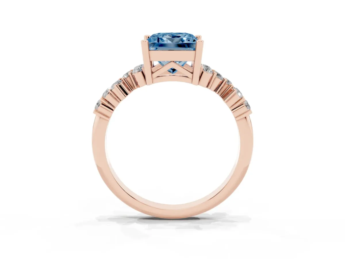 Fancy Blue Princess Cut Diamond Scattered Round Accent Ring with Prong Setting Rose gold