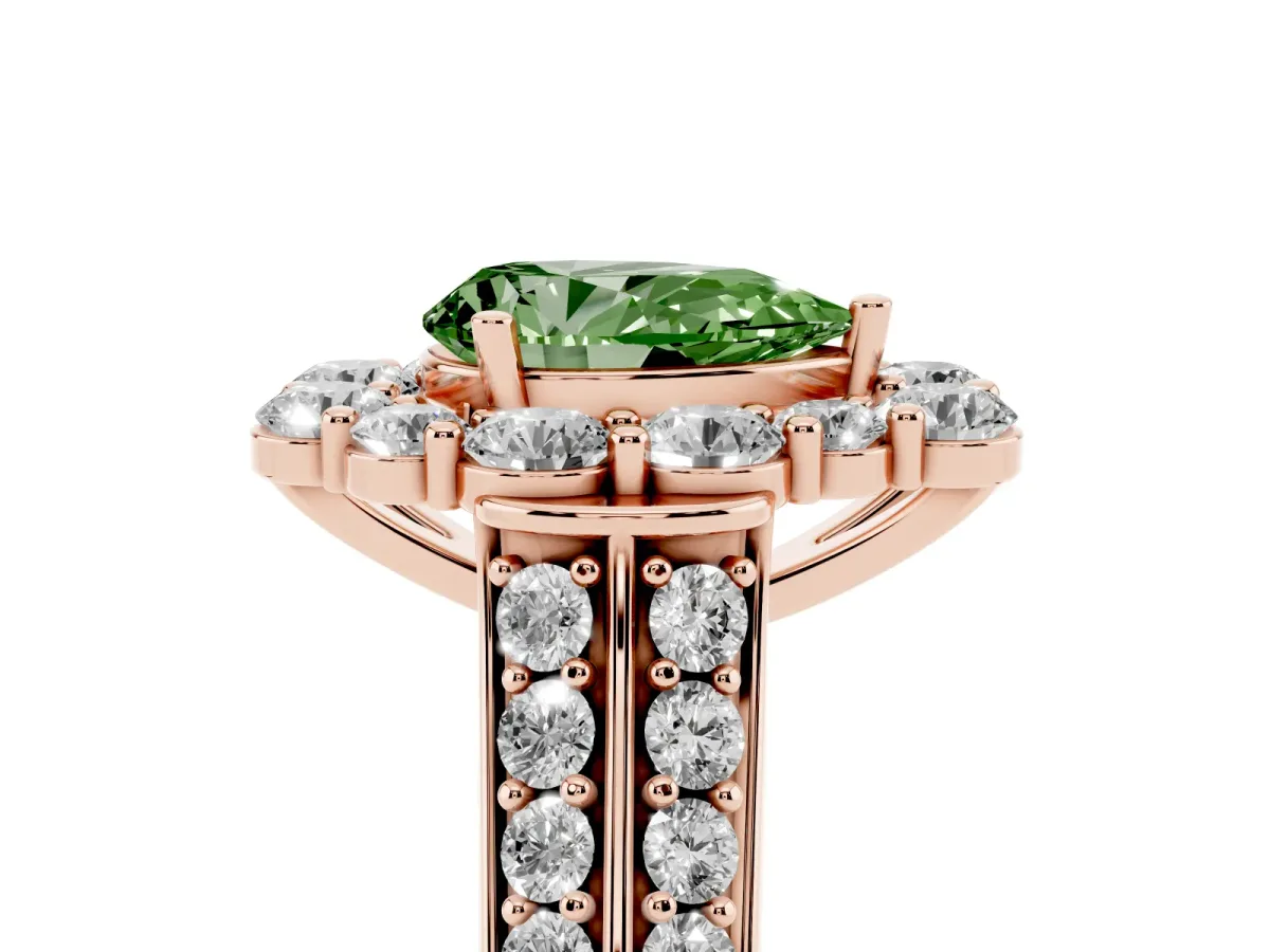 Fancy Green Pear Cut Halo Diamond Engagement Ring with Split Shank and Prong Setting Rose gold
