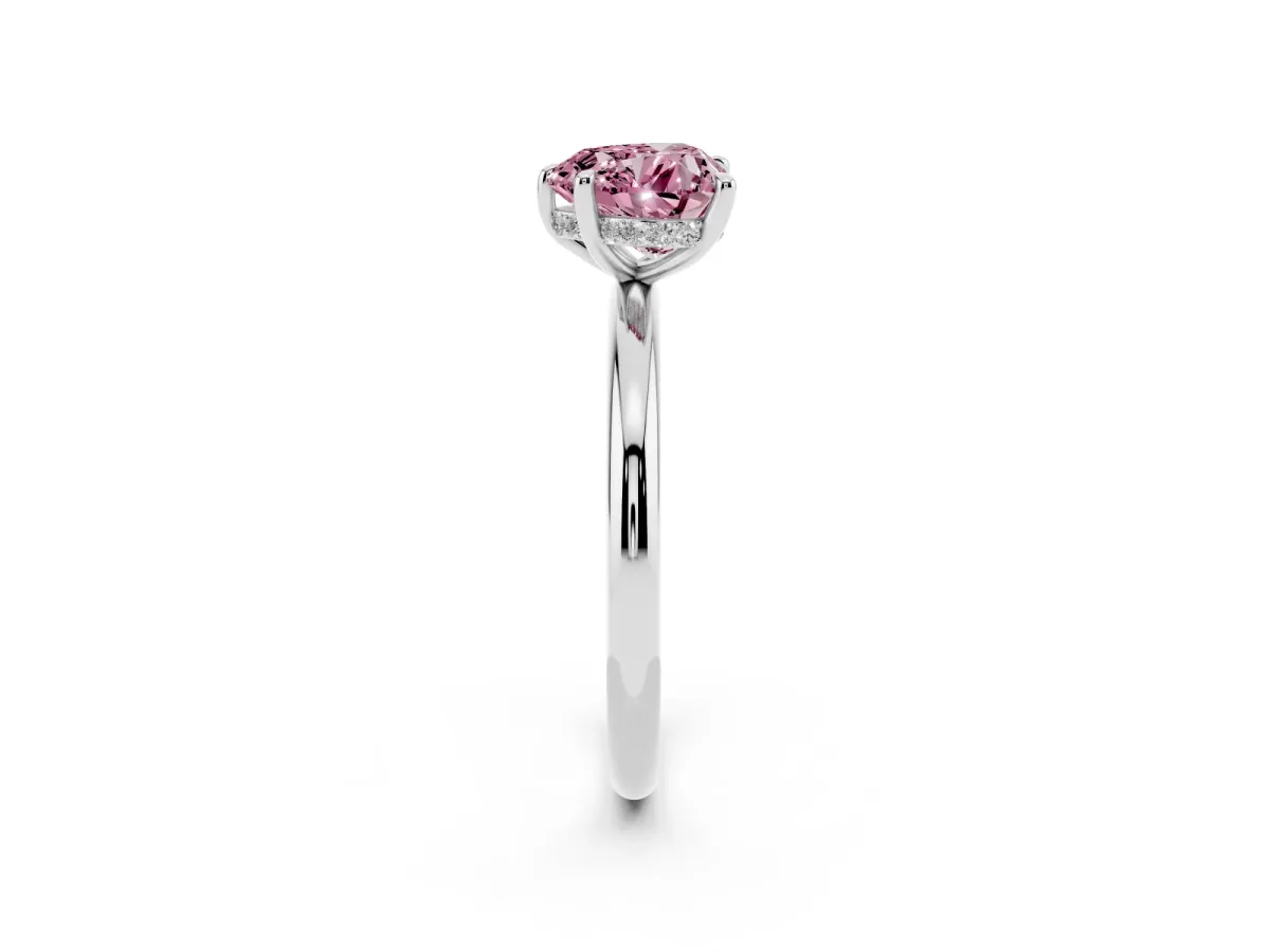 Fancy Pink Heart Cut Diamond Solitaire Ring with Thin Band and Four-Prong Setting Platinum