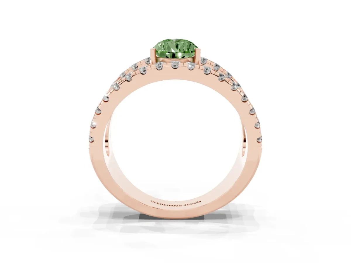 Fancy Green Pear Cut Solitaire Split Shank Pave Diamond Ring Rose gold