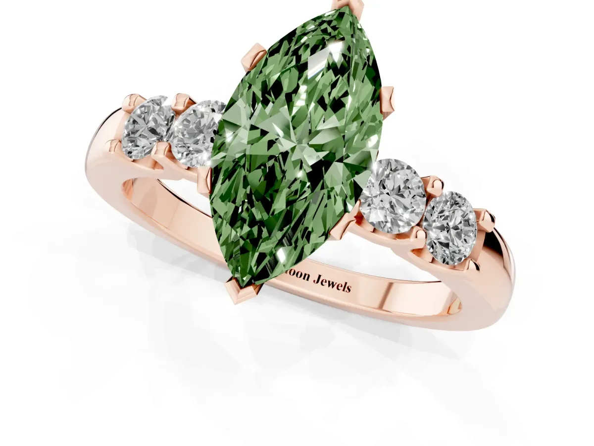 Fancy Green Marquise Cut Brilliant Cut Diamond Five-Stone Prong Set Engagement Ring with Channel Band Rose gold