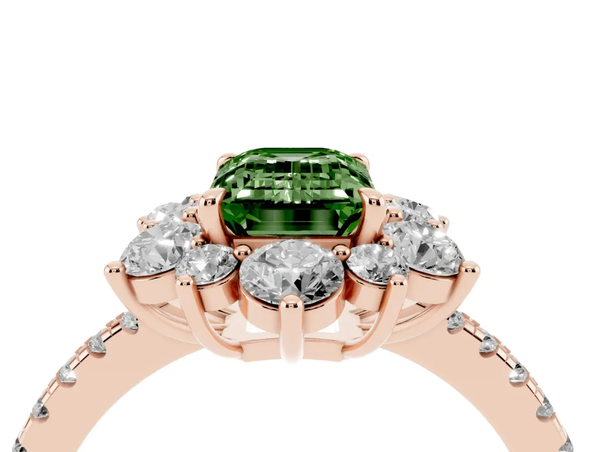 Fancy Green Emerald Cut Diamond Floral Halo Ring with Round Pavé Band and Prong Setting Rose gold