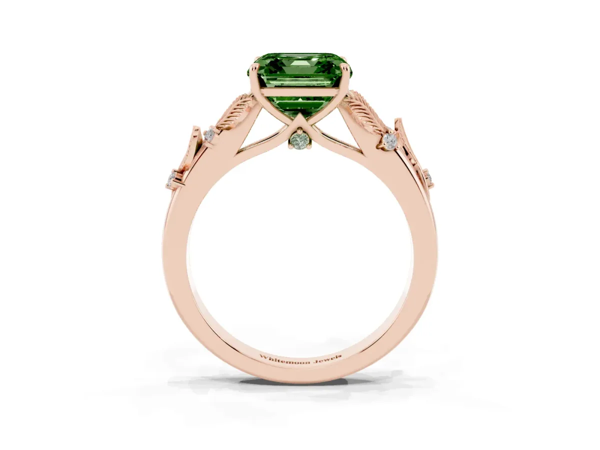 Fancy Green Asscher Cut Diamond Solitaire Ring with Leaf Motif Band and Four-Prong Setting Rose gold
