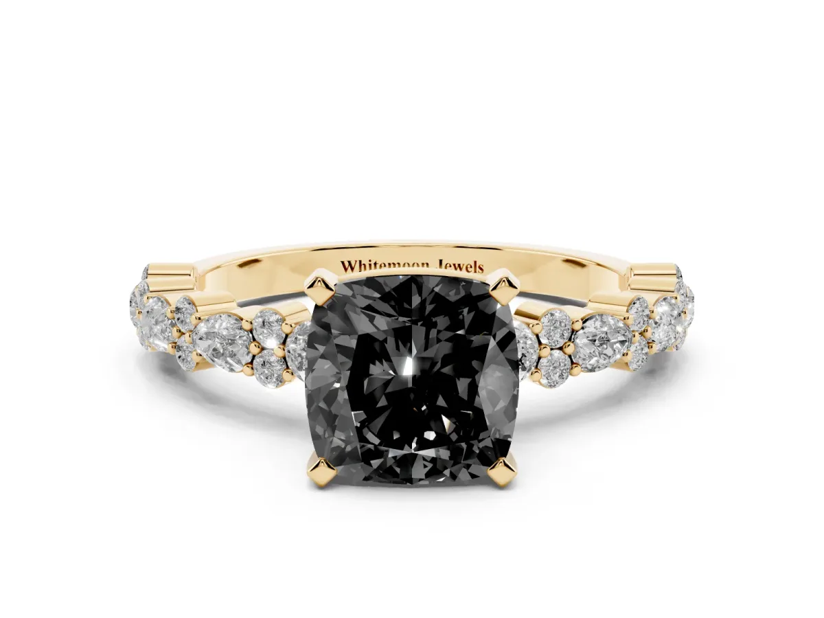 Fancy Black Cushion Cut Diamond Side Stone Solitaire Ring with Round and Four-Prong Setting Yellow gold