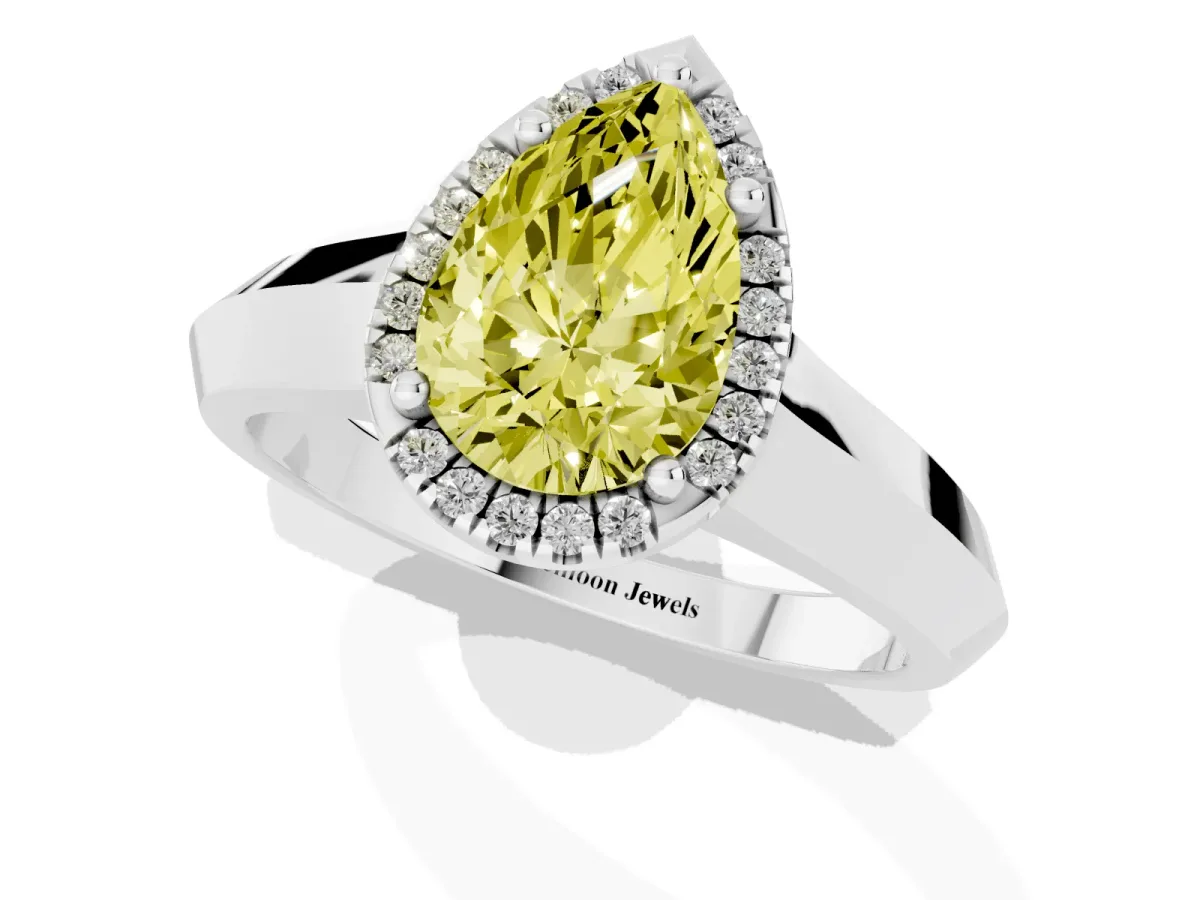 Fancy Yellow Pear Cut Halo Diamond Ring with Cathedral Band and Four-Prong Setting Silver