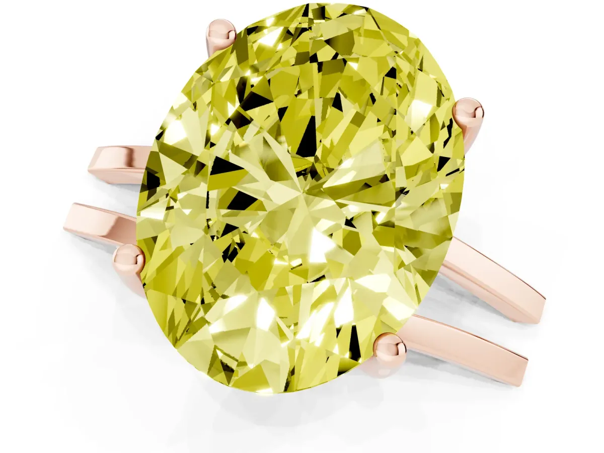 Fancy Yellow Oval Cut Cut Diamond Solitaire Engagement Ring with Tapered Plain Band and Four-Prong Setting Rose gold