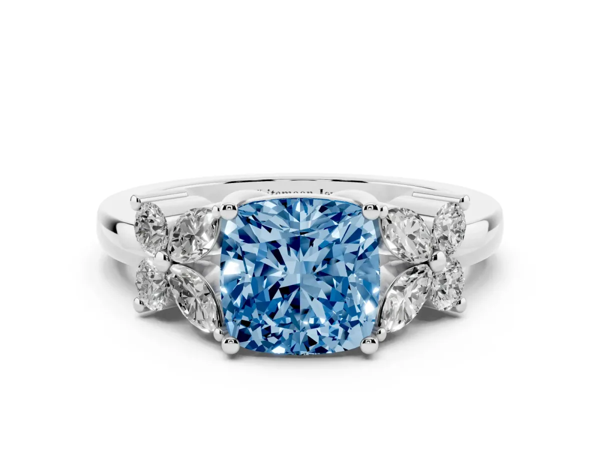 Fancy Blue Cushion Cut Diamond Floral Cluster Ring with Solitaire Band and Prong Setting Silver
