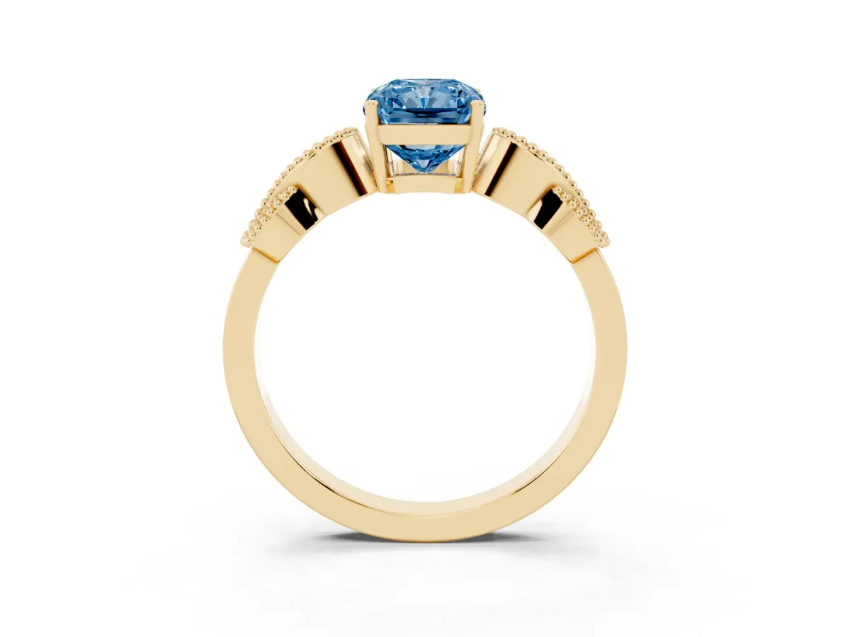 Fancy Blue Radiant Cut Solitaire Milgrain Leaf Band with Prong Setting Yellow gold
