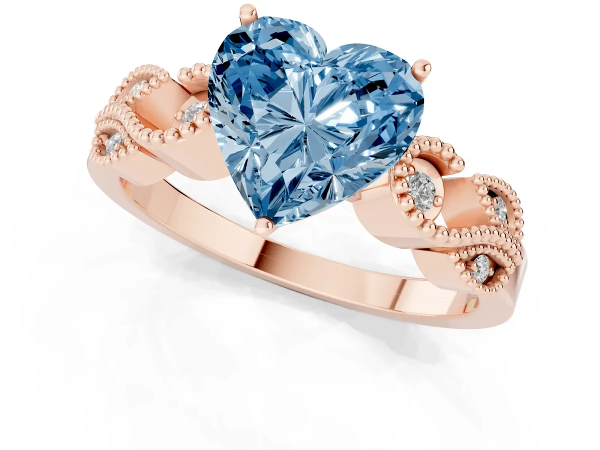 Fancy Blue Heart Cut Solitaire Milgrain Leaf Band with Prong Setting Rose gold