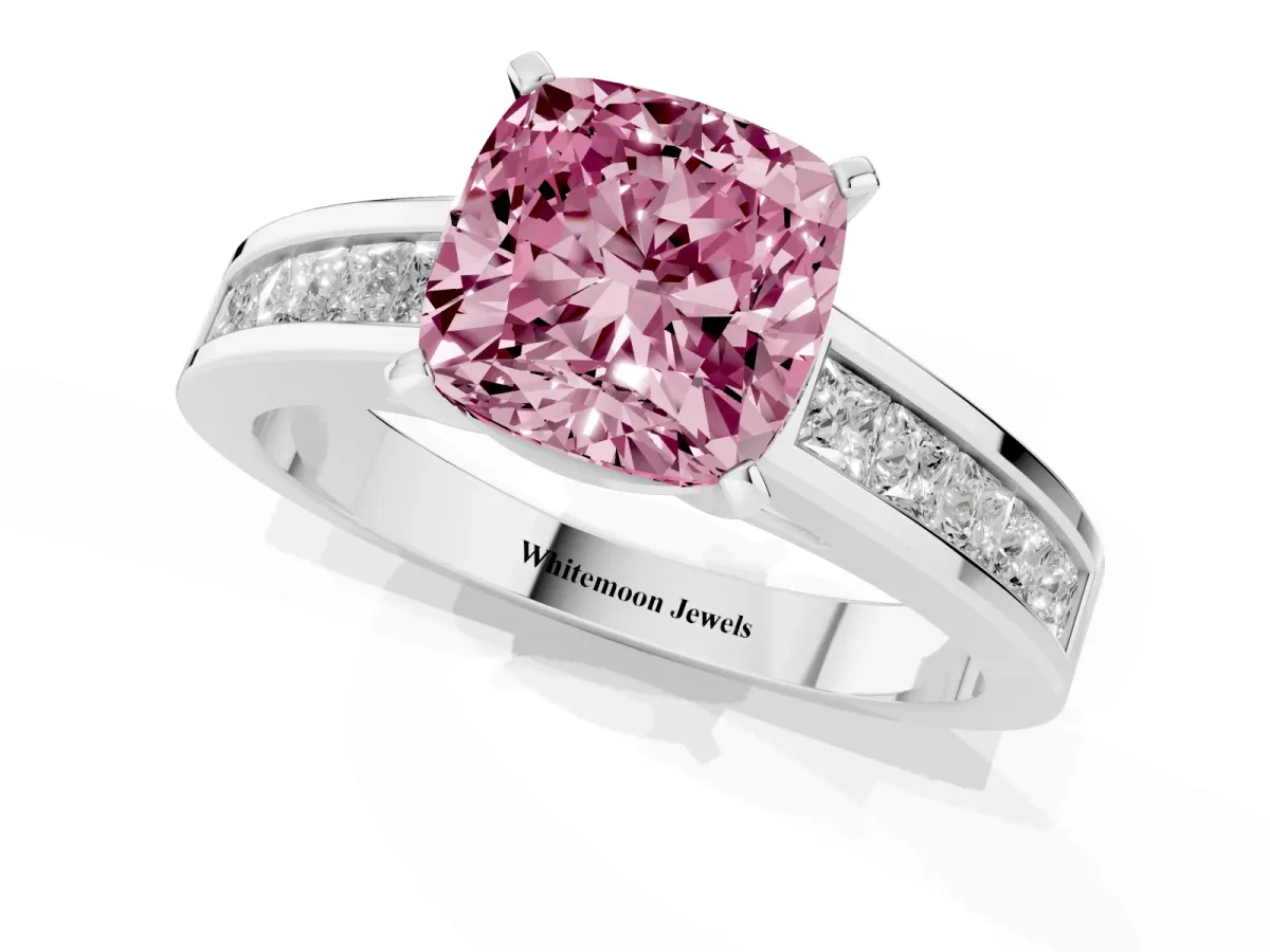 Fancy Pink Cushion Cut Solitaire Diamond Ring with Channel-Set Band and Four-Prong Setting Silver