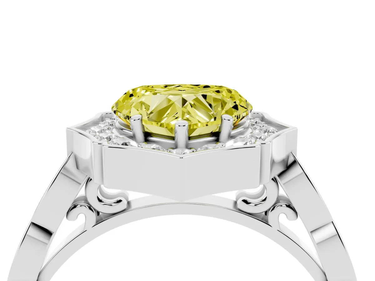 Fancy Yellow Heart Cut Halo Diamond Engagement Ring with Milgrain Band and Four-Prong Setting White gold