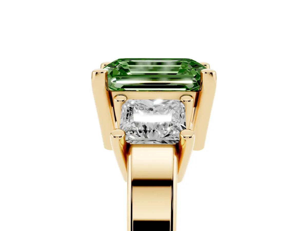 Fancy Green Three-Stone Emerald Cut Cut Solitaire Ring with Prong Setting Yellow gold