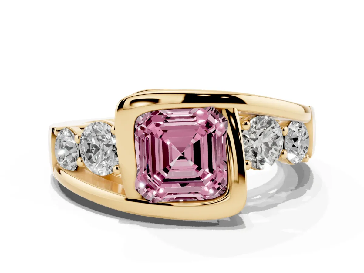 Fancy Pink Bezel Set Asscher Cut Diamond Bypass Ring with Round Accents Yellow gold