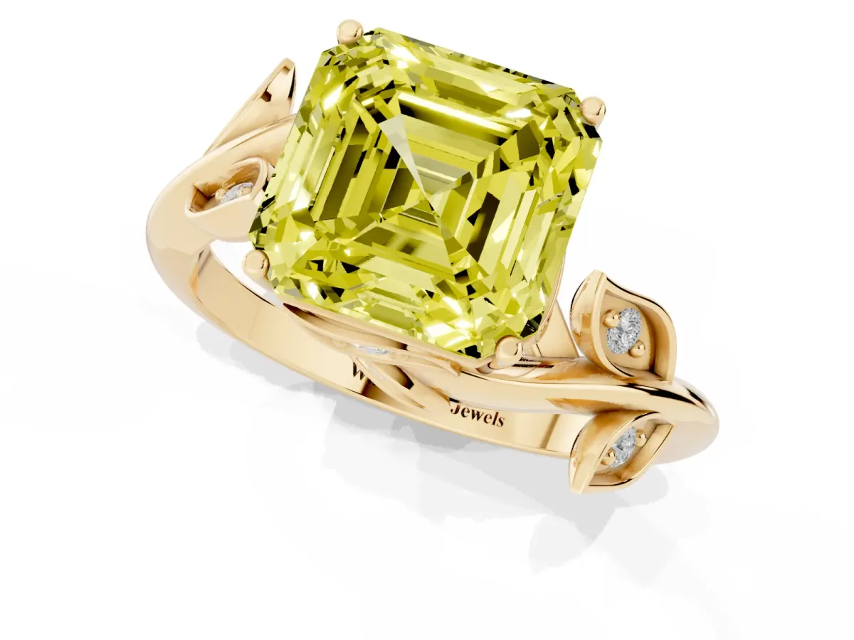 Fancy Yellow Asscher Cut Solitaire Twist Engagement Ring with Leaf Accents and Prong Setting Yellow gold