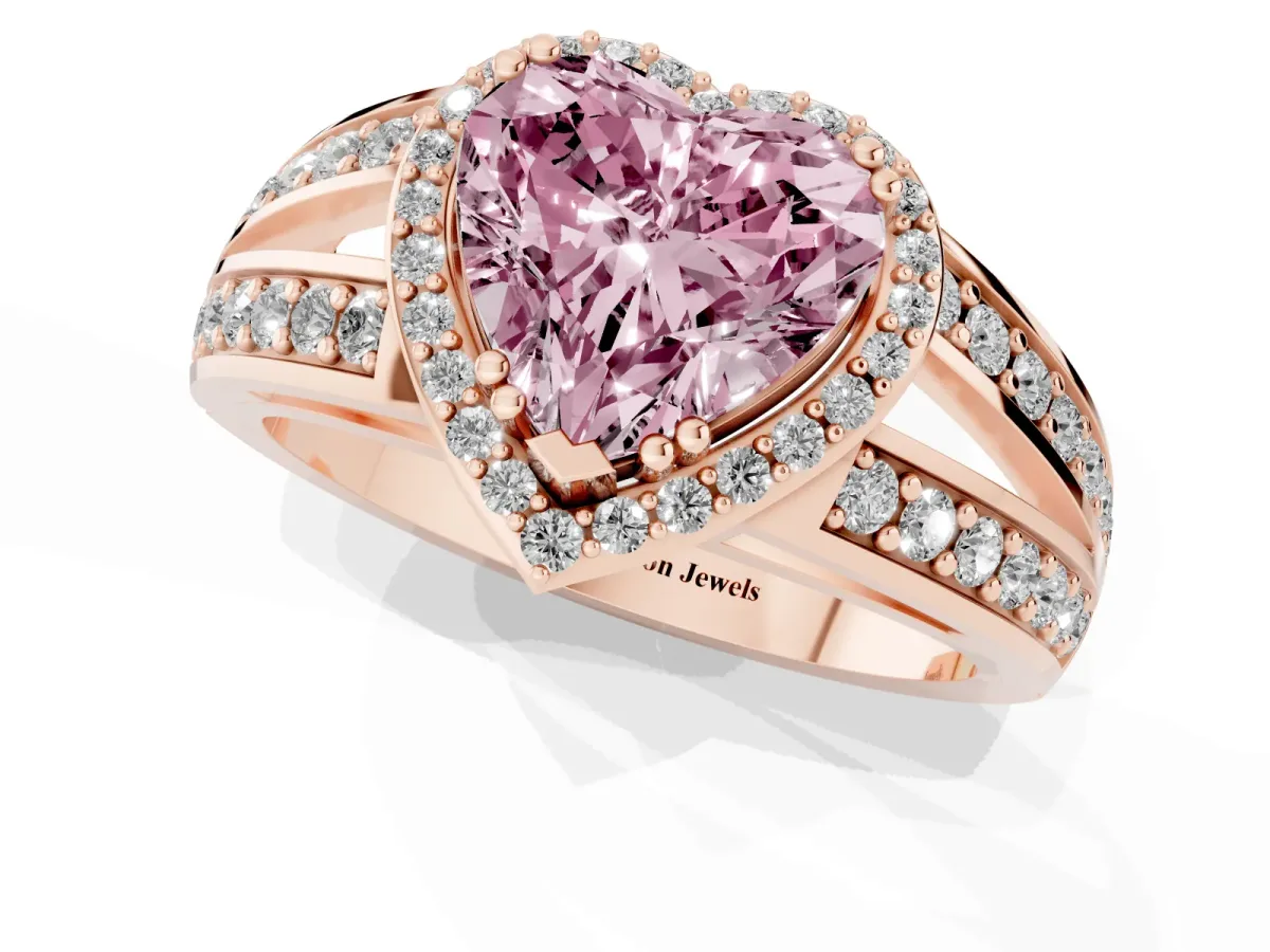 Fancy Pink Heart Cut Diamond Halo Ring with Split Shank Pavé Band and Four-Prong Setting Rose gold