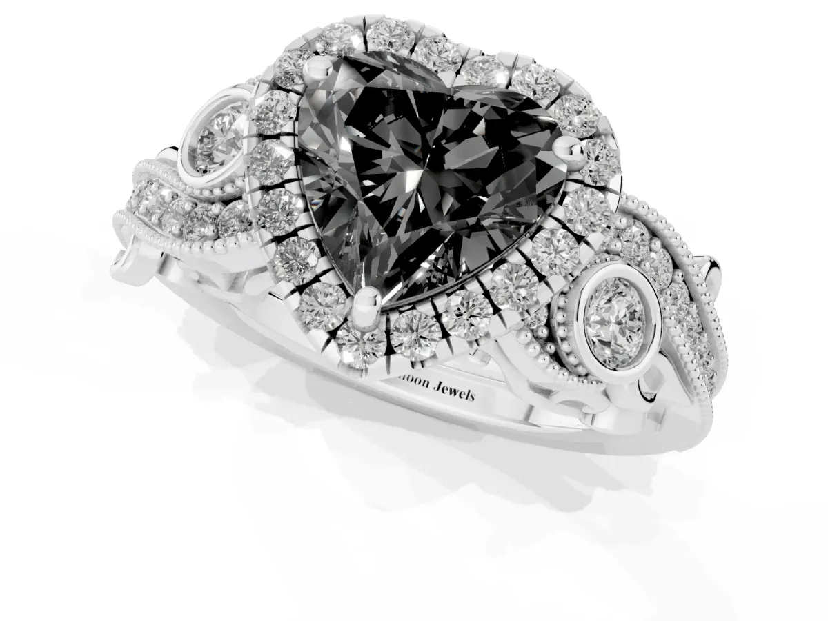 Fancy Black Heart Cut Halo Diamond Ring with Milgrain and Bezel Accents on a Split Shank Band White gold