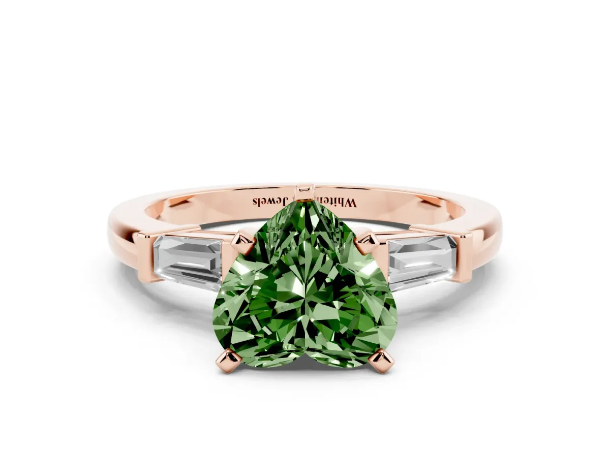 Fancy Green Heart Cut Cut Diamond Solitaire Ring with Tapered Baguette Accents and Four-Prong Setting Rose gold