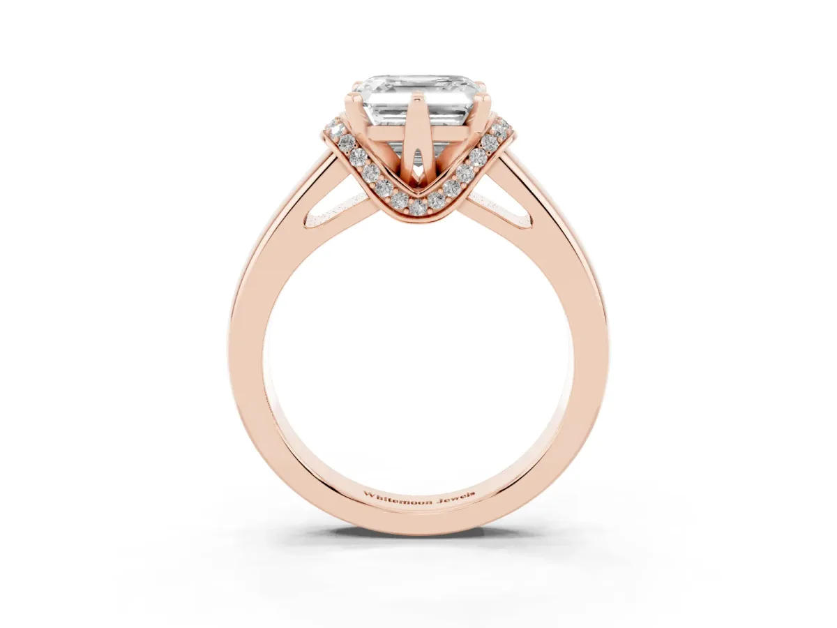 Asscher Cut Solitaire Diamond Ring with Pave Band and Six-Prong Setting Rose gold
