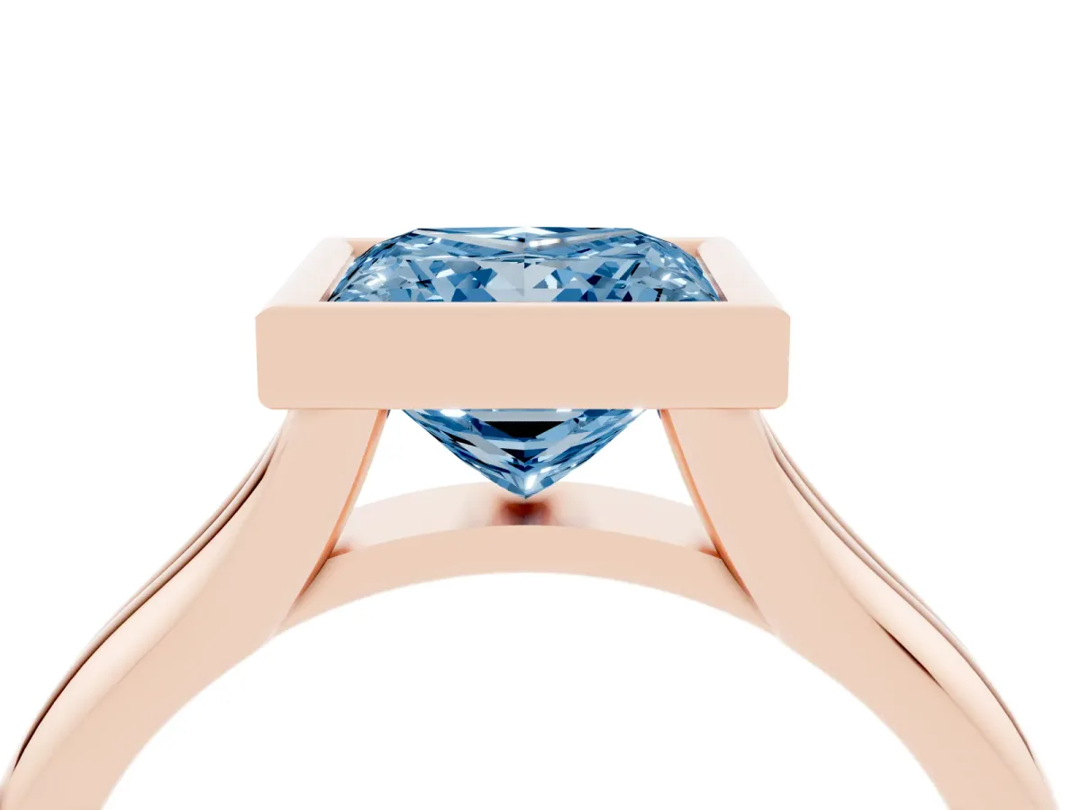 Fancy Blue Bezel Set Princess Cut Solitaire Diamond Ring with Smooth Band Rose gold