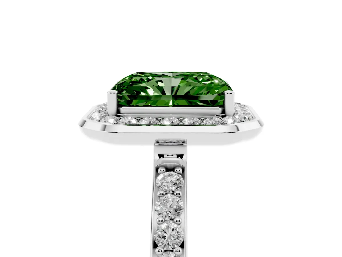 Fancy Green Radiant Cut Diamond Halo Ring with Bezel Frame and Pavé Band Platinum