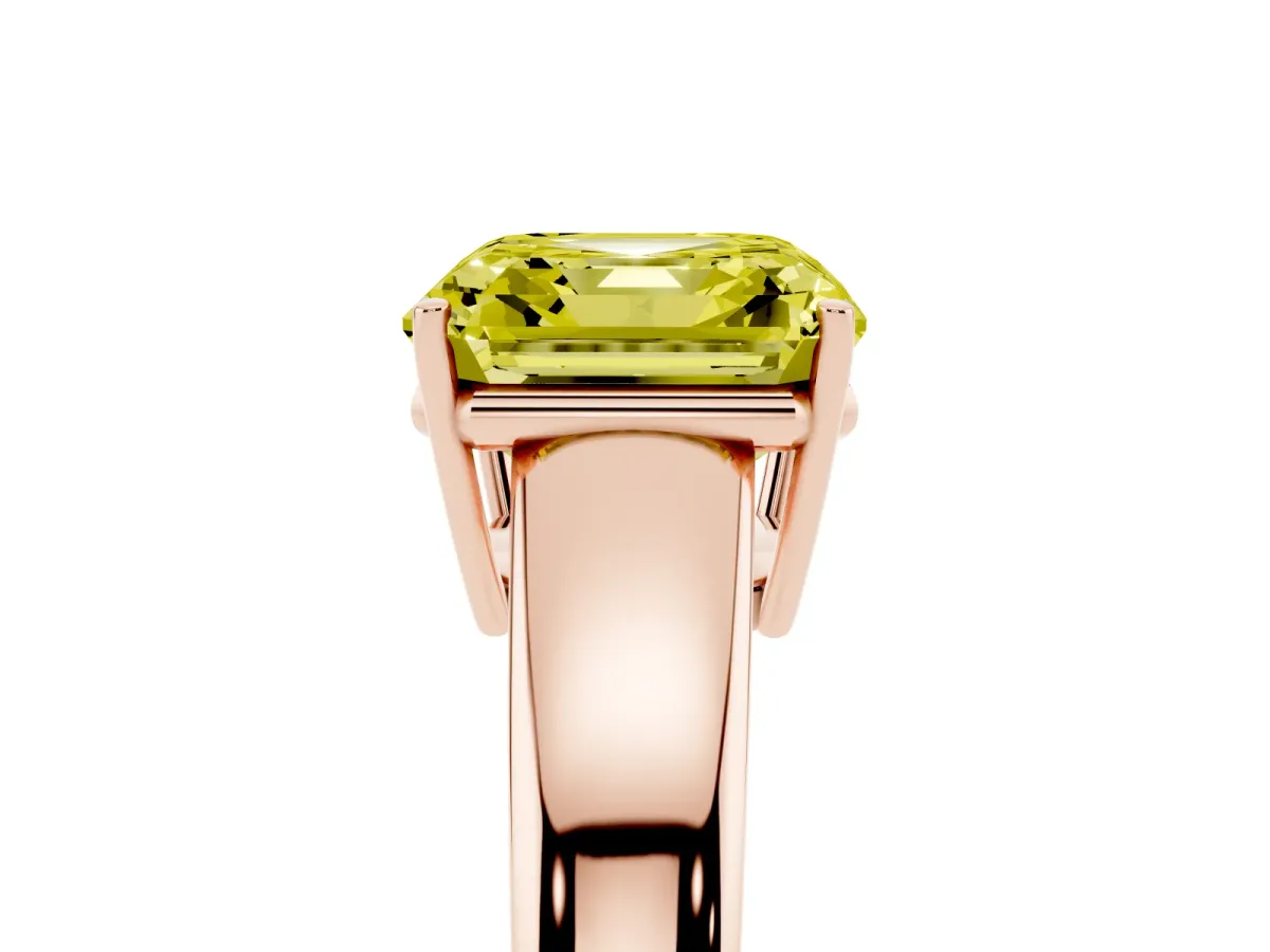 Fancy Yellow Asscher Cut Solitaire Diamond Ring with Tapered Band and Four-Prong Setting Rose gold