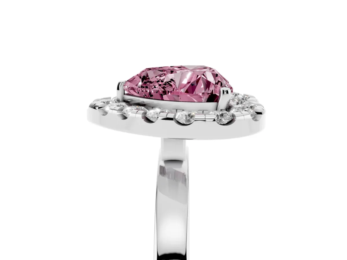 Fancy Pink Heart Cut Halo Diamond Solitaire with Pavé Band and Four-Prong Setting Platinum
