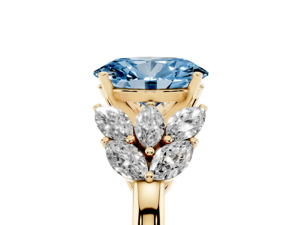 Fancy Blue Oval Cut Diamond Cluster Leaf Design Ring with Prong Setting Yellow gold