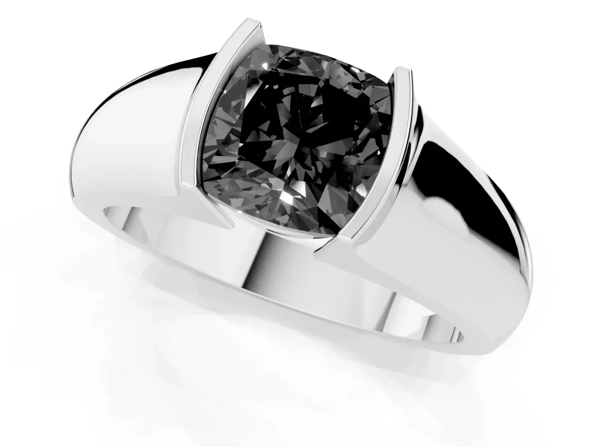 Fancy Black Cushion Cut Solitaire Bezel Set Diamond Ring with Wide Band Platinum