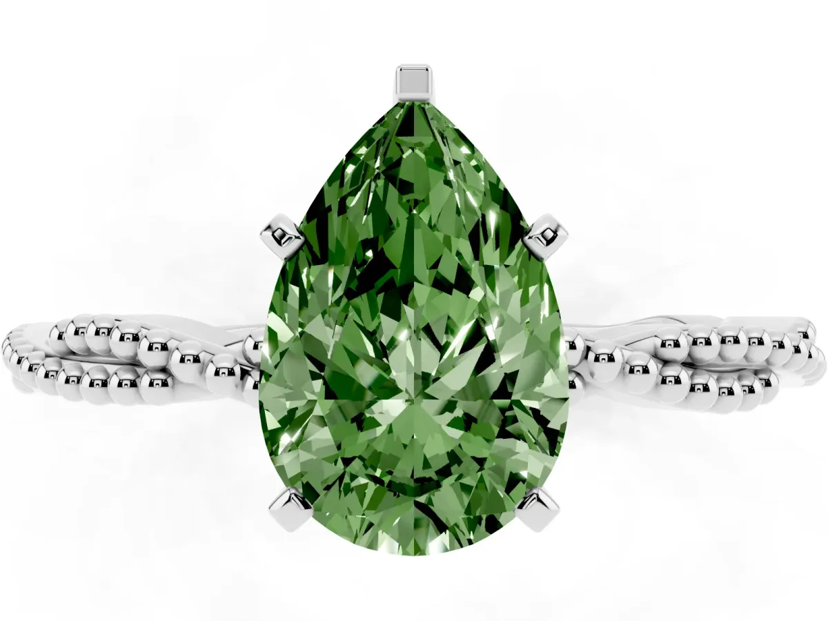 Fancy Green Pear Cut Solitaire Twisted Band with Bead Prong Setting Silver