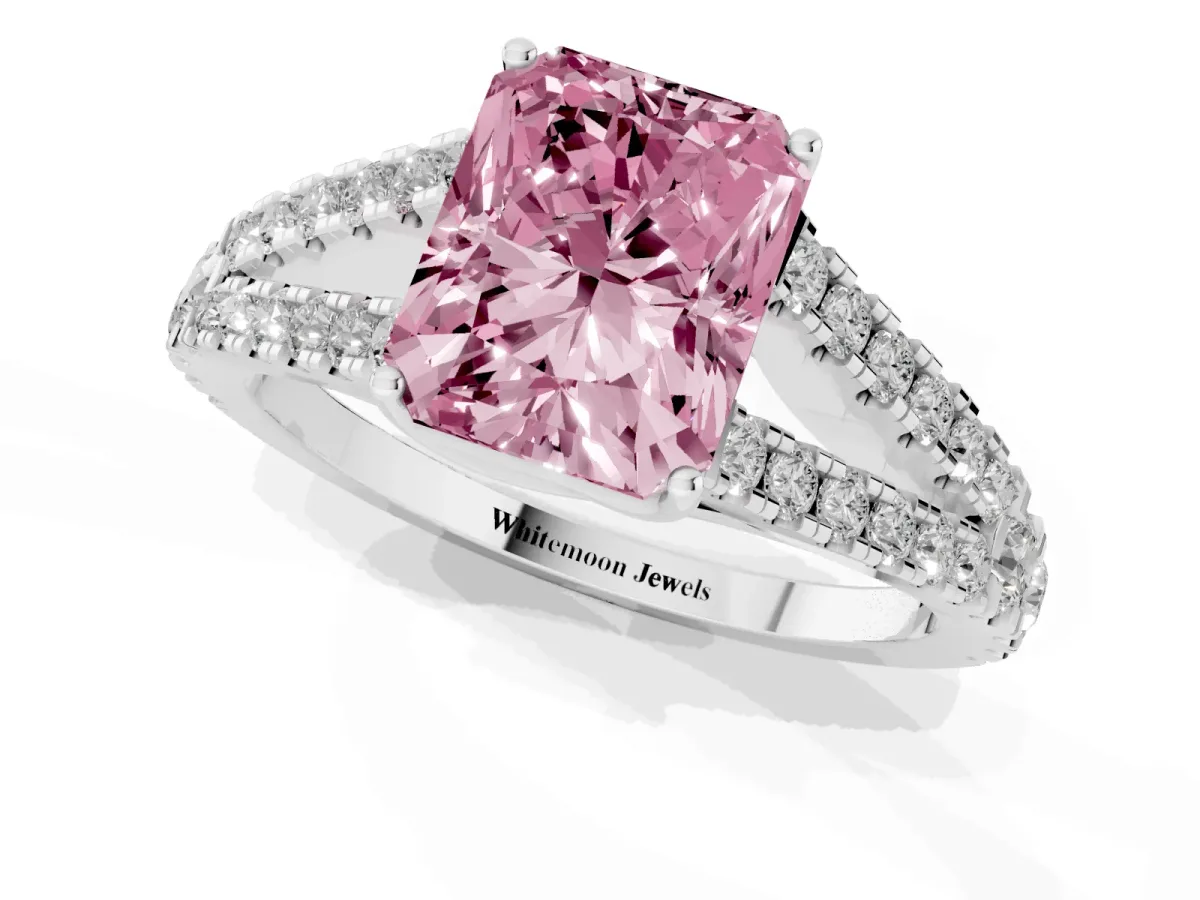 Fancy Pink Radiant Cut Diamond Split Shank Engagement Ring with Round Pavé and Prong Setting Silver