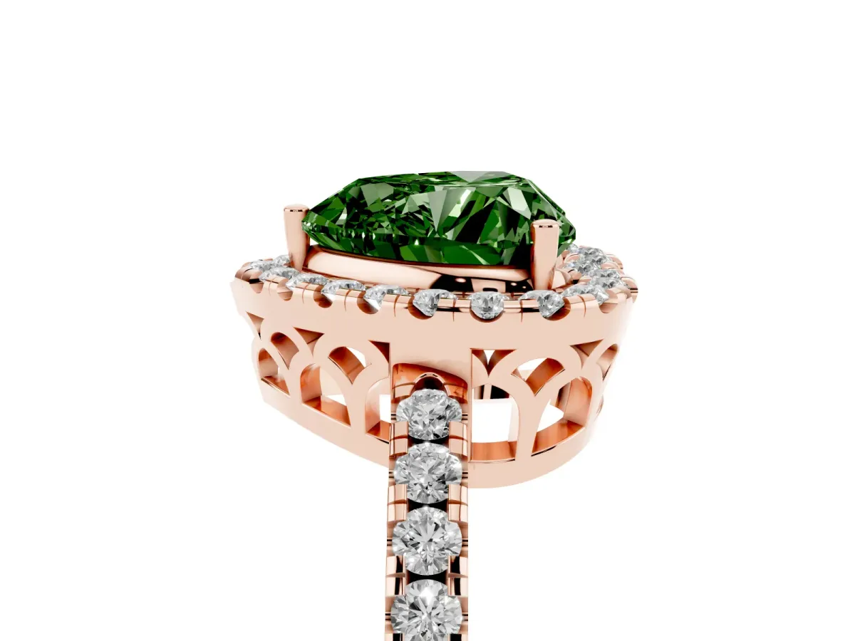 Fancy Green Heart Cut Halo Diamond Engagement Ring with Pavé Band and Four-Prong Setting Rose gold