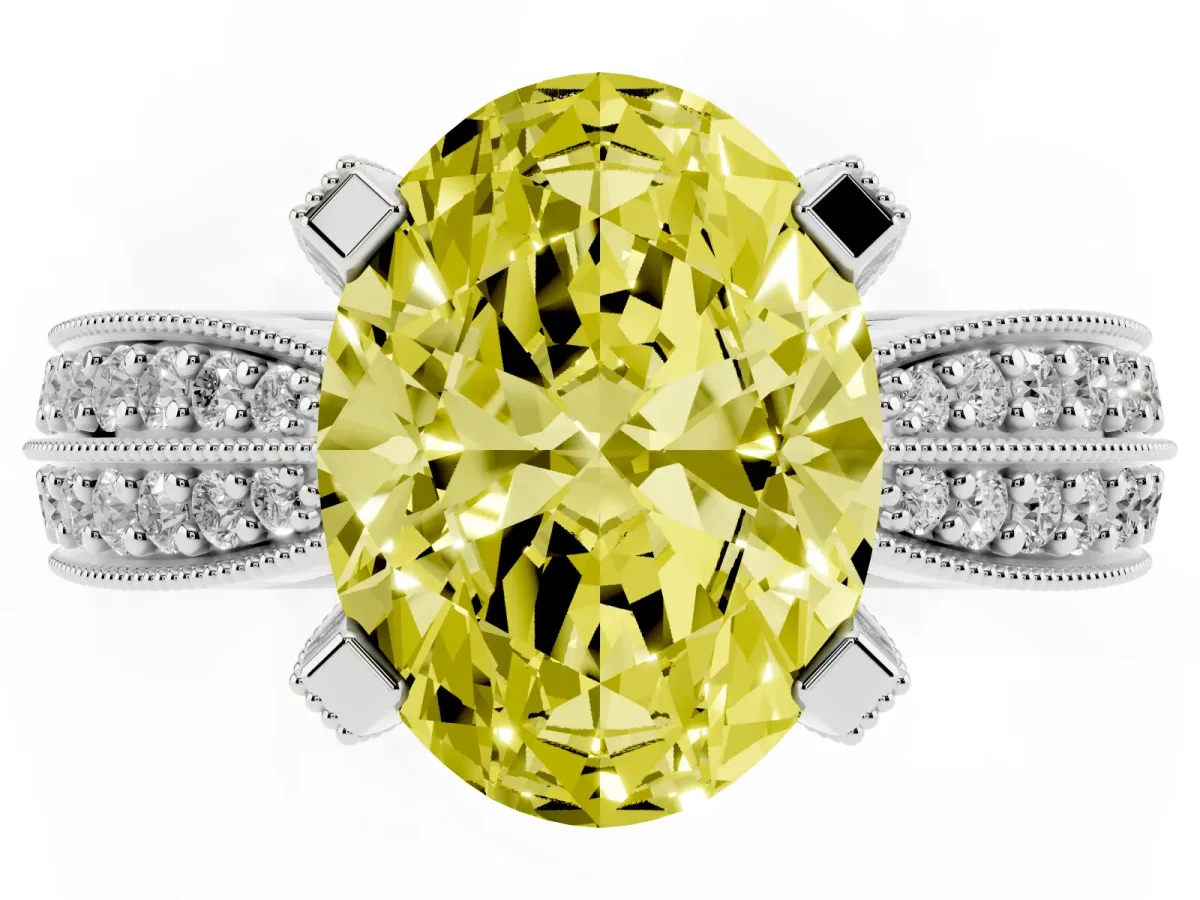 Fancy Yellow Oval Cut Diamond Solitaire Ring with Milgrain Round Pavé Band and Prong Setting Silver