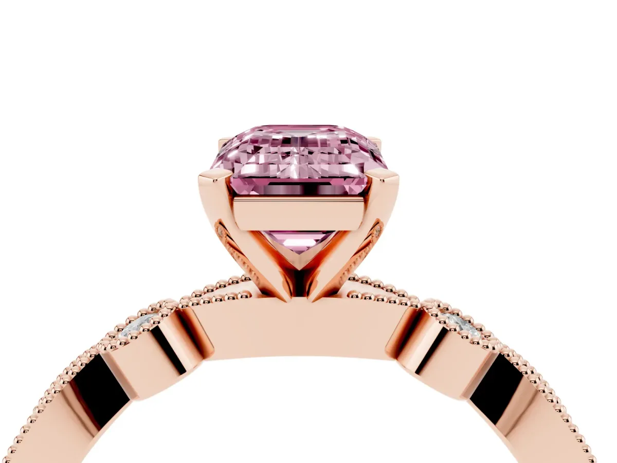 Fancy Pink Emerald Cut Milgrain Bezel Diamond Engagement Ring with Solitaire Prong Setting Rose gold