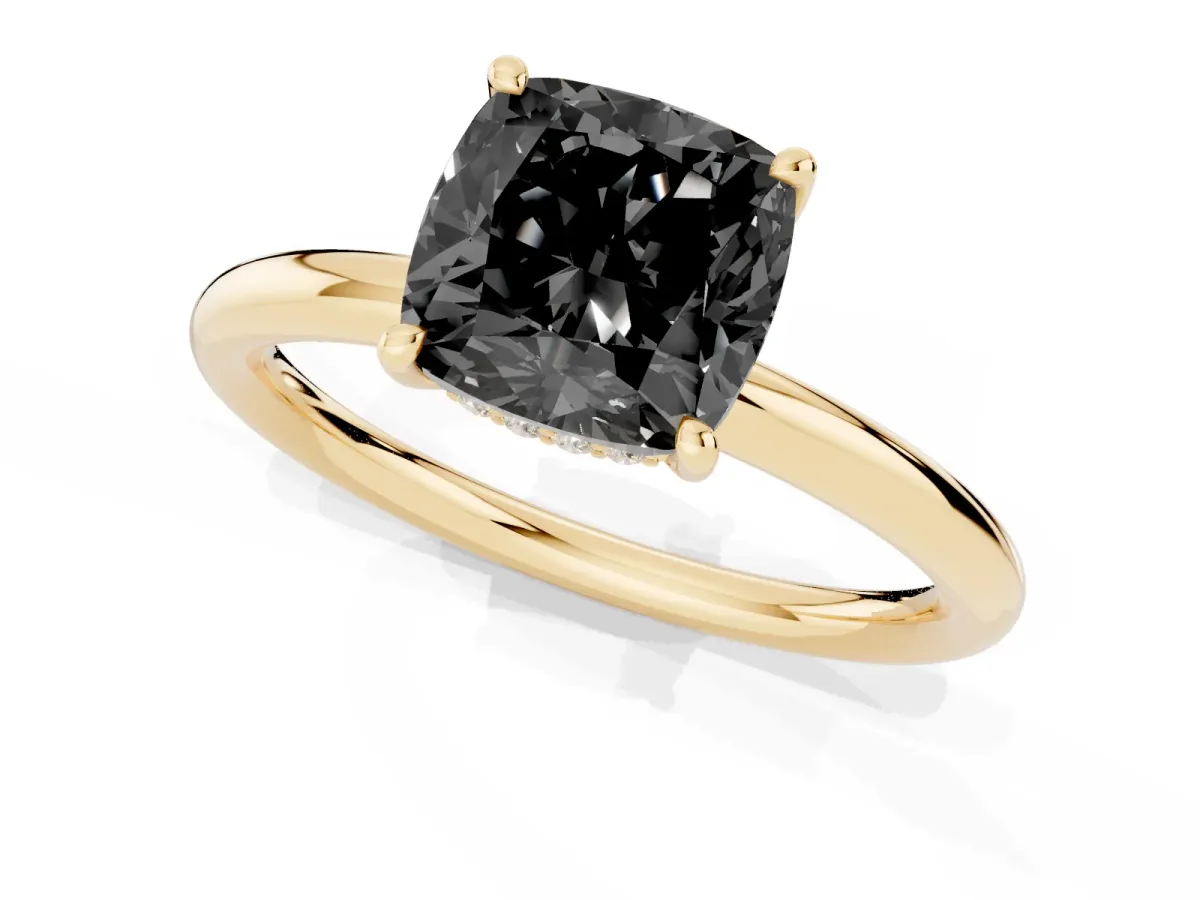 Fancy Black Cushion Cut Diamond Solitaire Ring with Thin Band and Four-Prong Setting Yellow gold