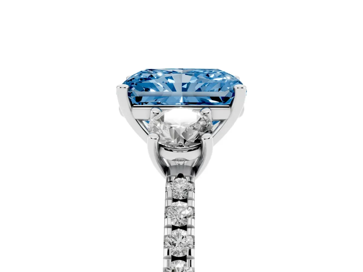 Fancy Blue Three-Stone Radiant Cut Cut Diamond Pavé Band with Prong Setting Platinum