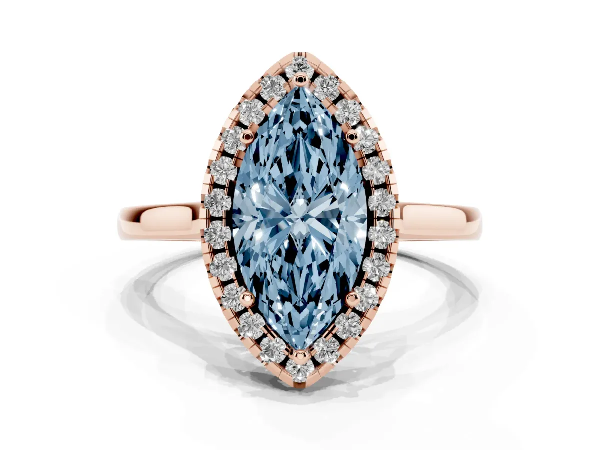 Fancy Blue Marquise Cut Halo Round Diamond Solitaire Ring with Pavé Band and Four-Prong Setting Rose gold