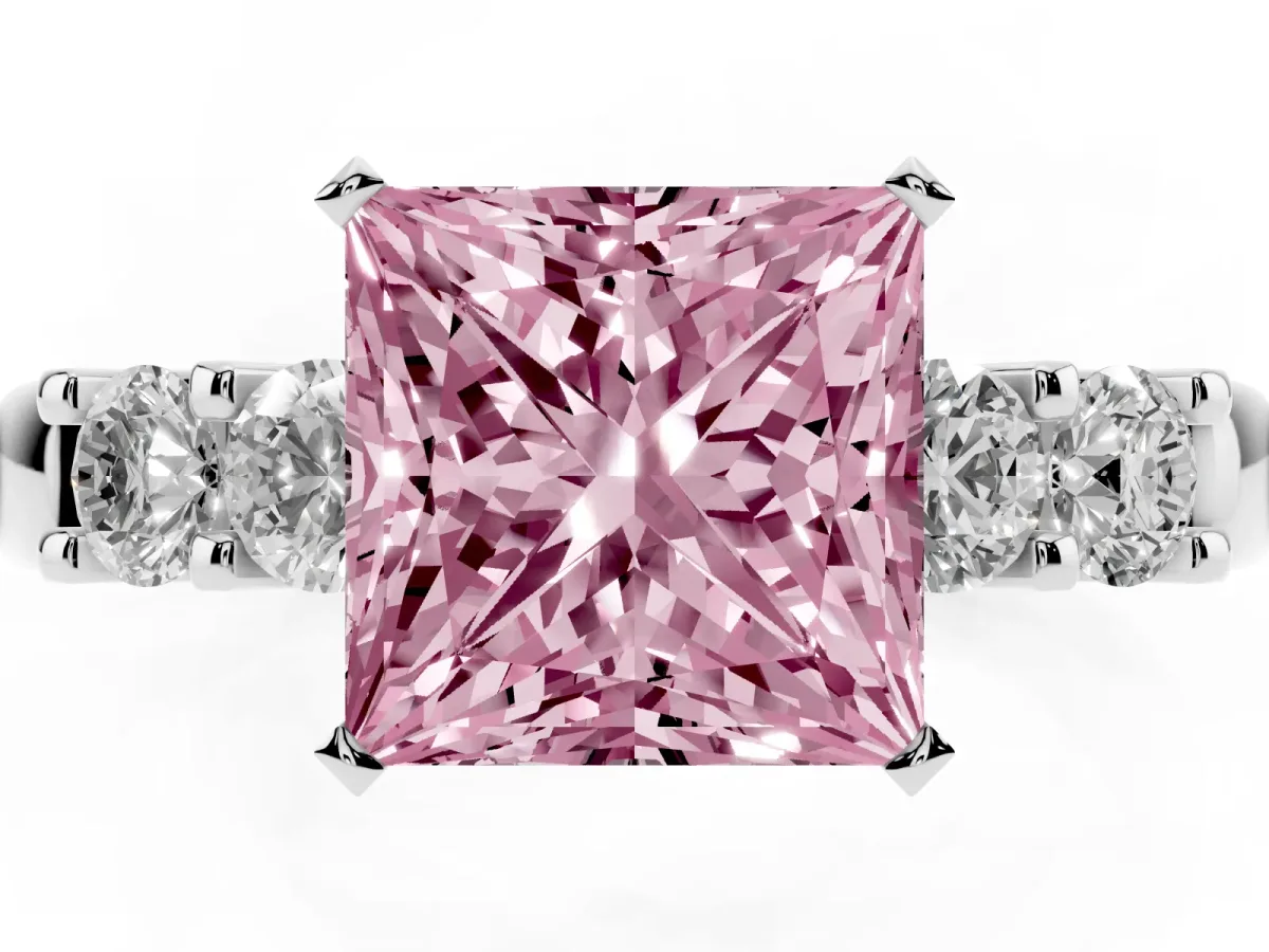 Fancy Pink Princess Cut Brilliant Cut Diamond Five-Stone Prong Set Engagement Ring with Channel Band White gold
